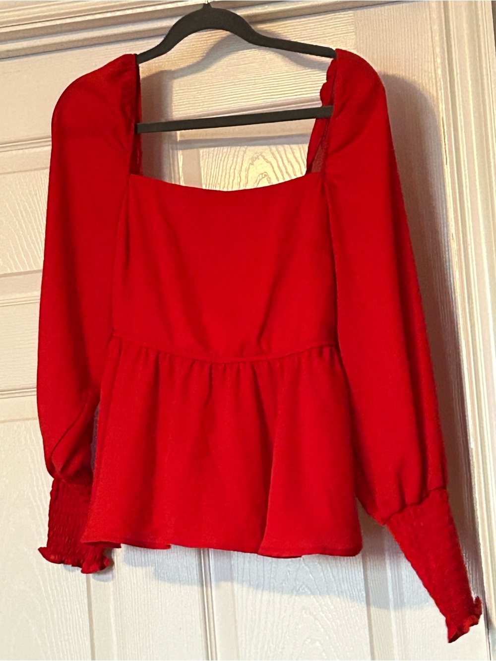 Francesca's Collections Red Square-Neck Peplum Blouse with Smocked Cuffs